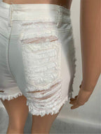 High-Rise Denim Fitted Shorts with Fringe Details