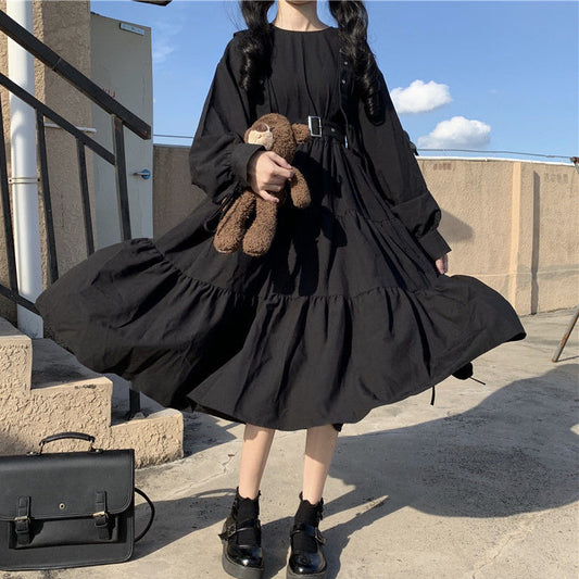 Harajuku Gothic Lolita Kawaii Punk Long Sleeve Black Midi Dress
