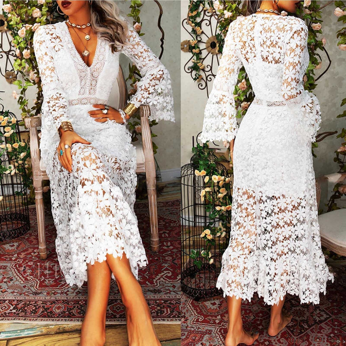 Lace A-Line Bell-Sleeve Dress