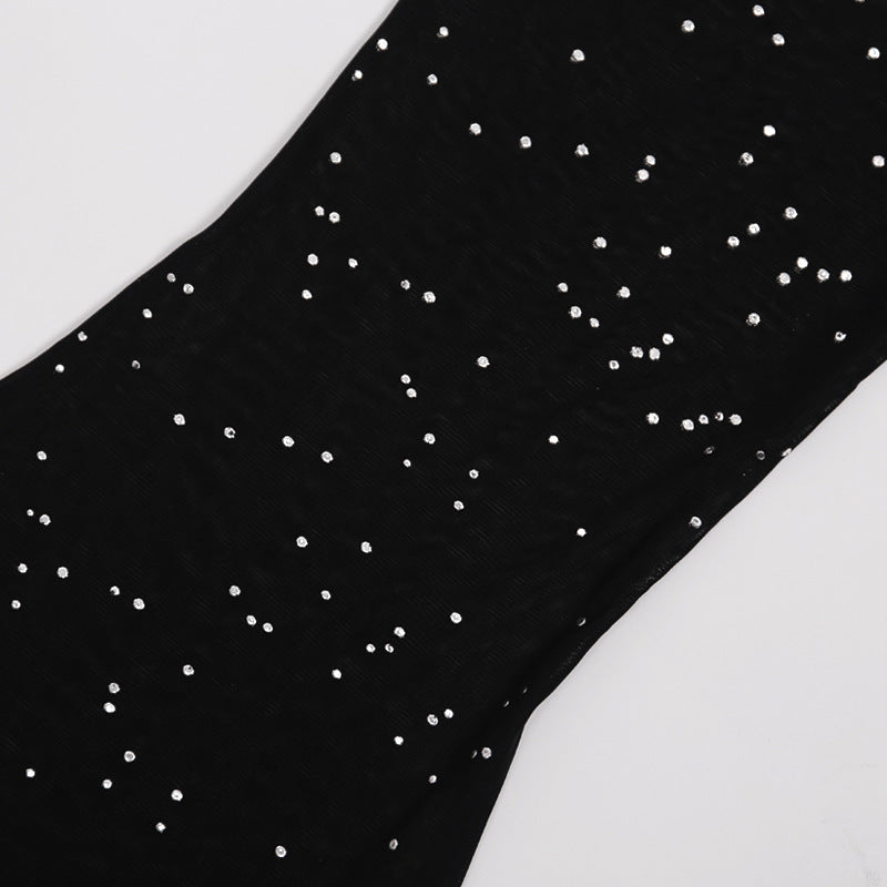 Black Glitter Mesh Sheer Pants with Rhinestone Accents
