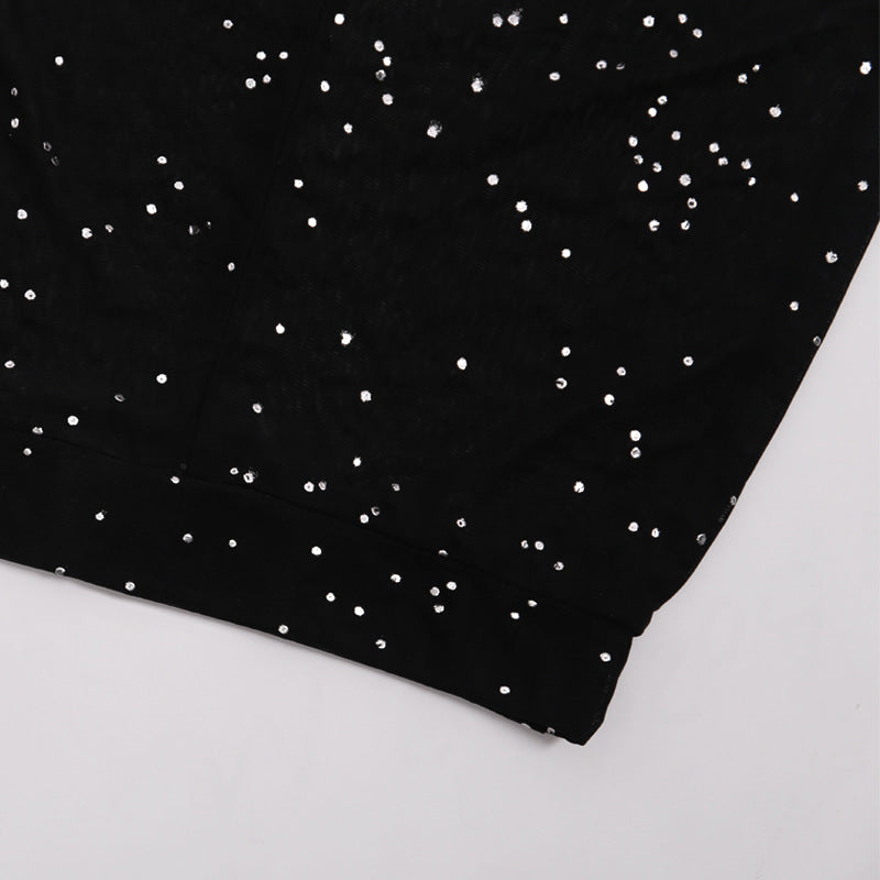 Black Glitter Mesh Sheer Pants with Rhinestone Accents