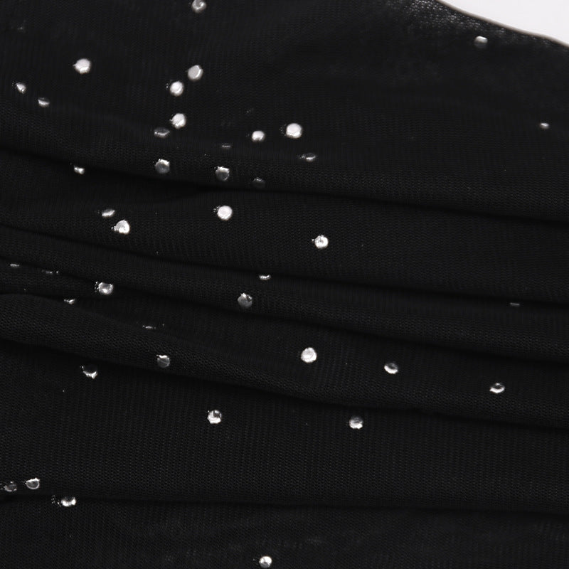 Black Glitter Mesh Sheer Pants with Rhinestone Accents