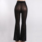 Black Glitter Mesh Sheer Pants with Rhinestone Accents