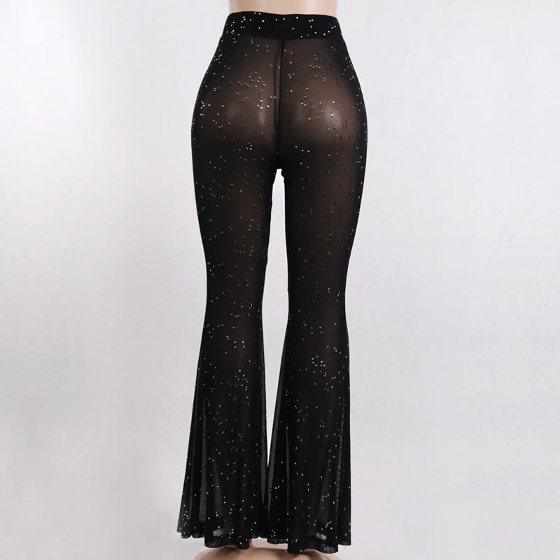 Black Glitter Mesh Sheer Pants with Rhinestone Accents