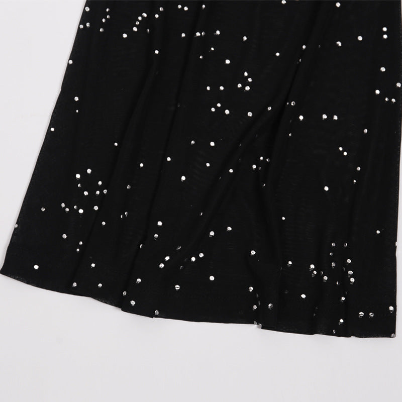 Black Glitter Mesh Sheer Pants with Rhinestone Accents