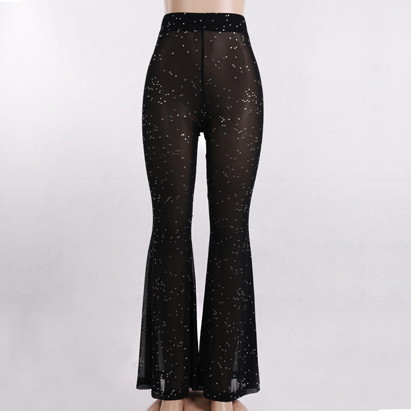 Black Glitter Mesh Sheer Pants with Rhinestone Accents