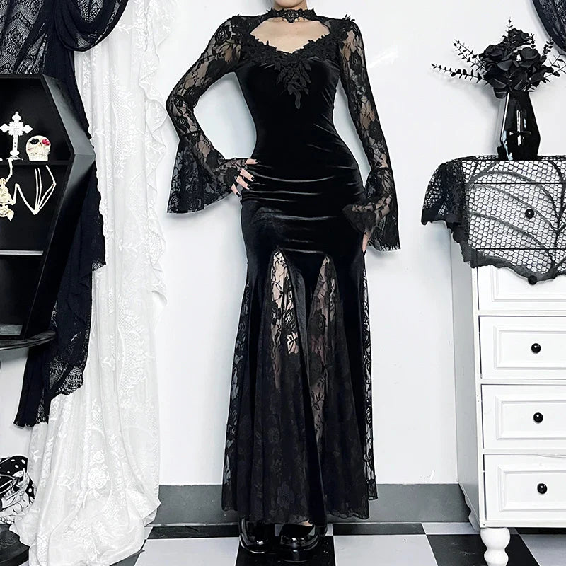 Tall Waist Mysterious Style Full-Length Dress Black / S