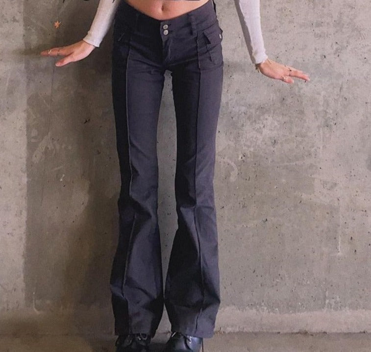 Black Low-Rise Fitted Pocket-Detail Pants