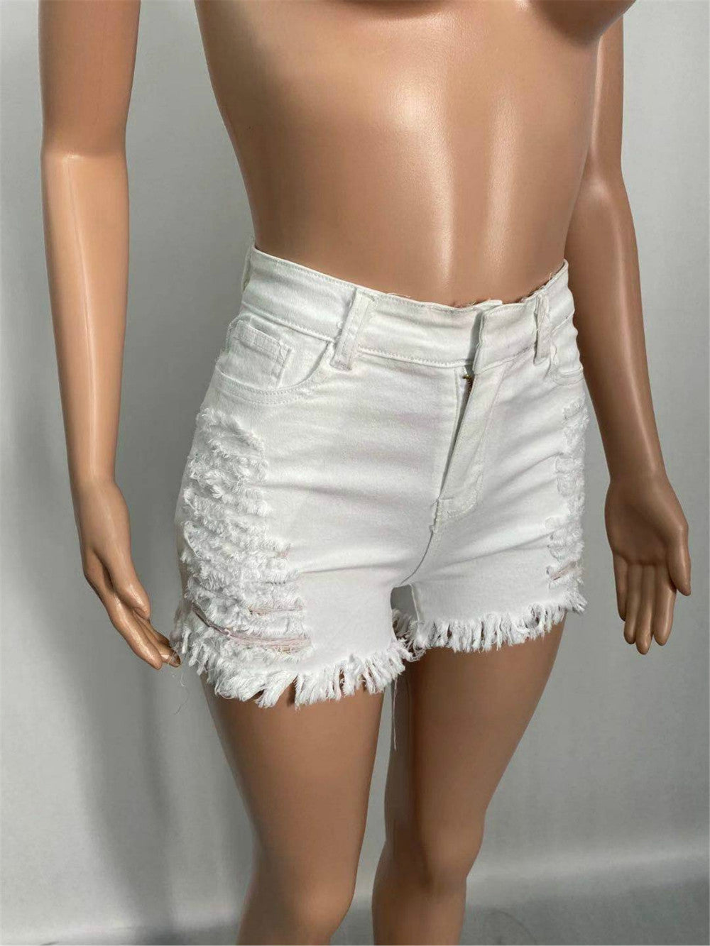 High-Rise Denim Fitted Shorts with Fringe Details