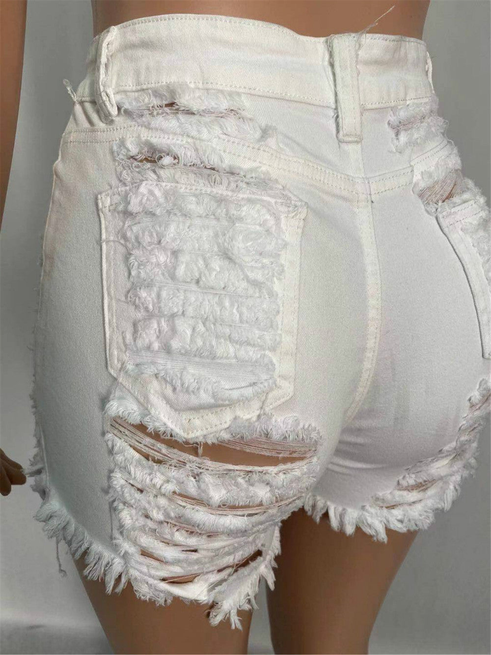 High-Rise Denim Fitted Shorts with Fringe Details