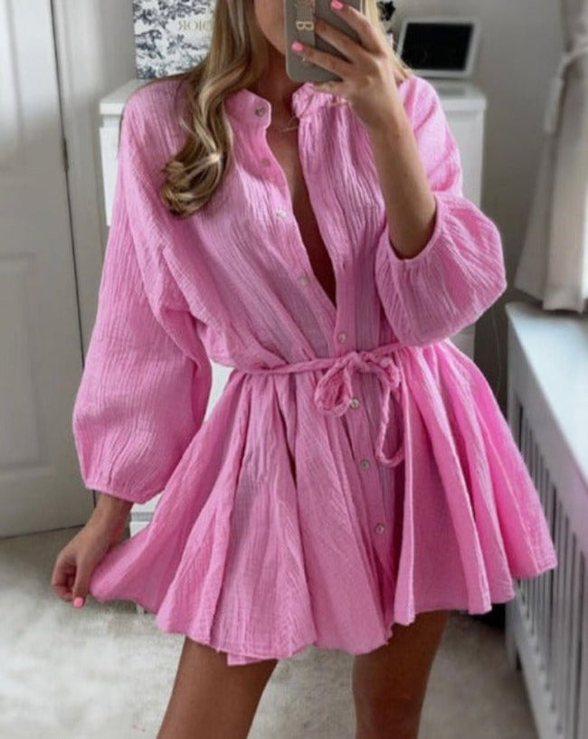 V-Neck Balloon-Sleeve Dress with Button Details Main image