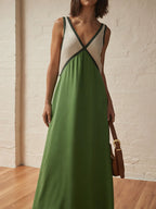 Contrast-Detail Dress with a V-Neck