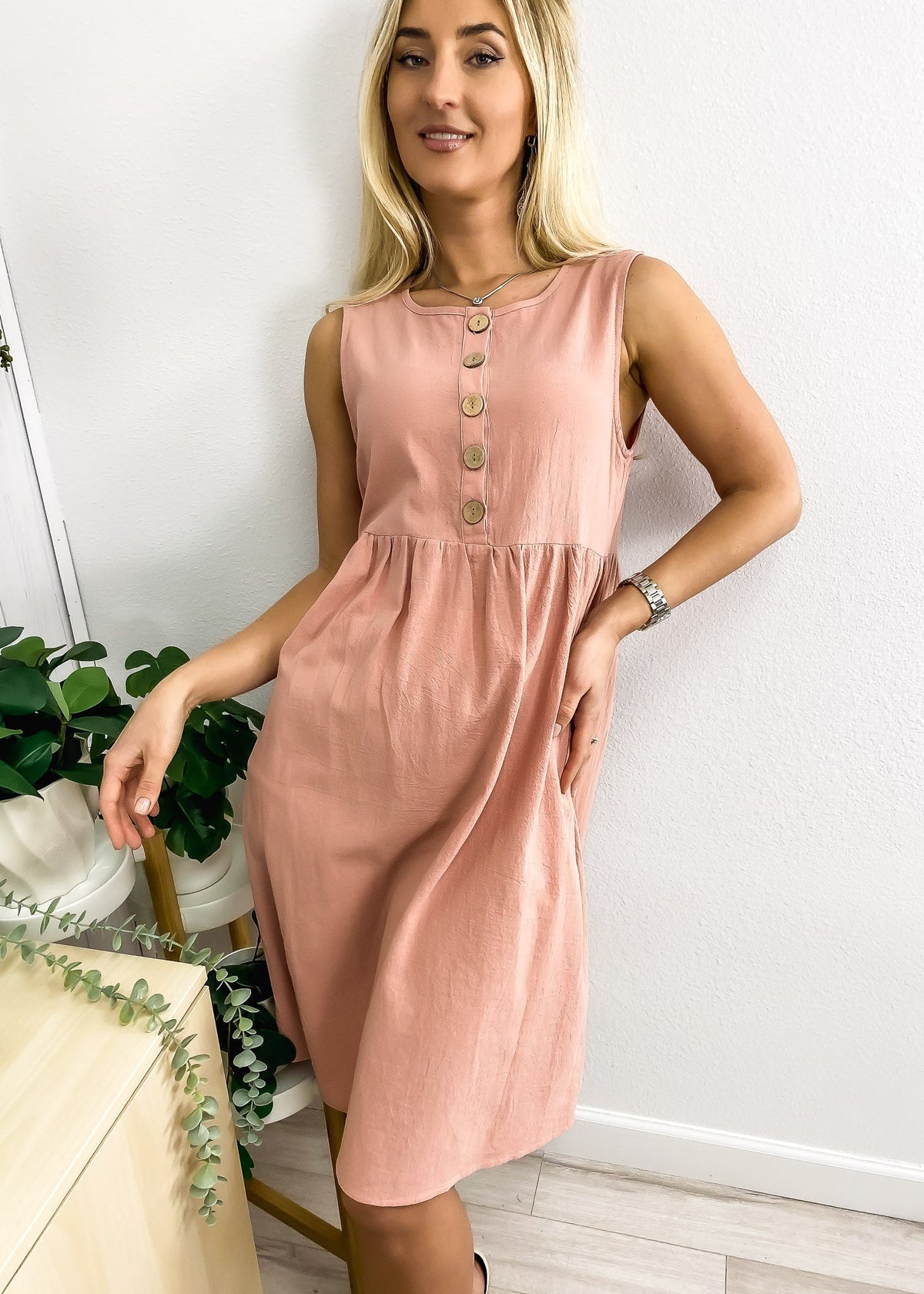 Empire-Waist Dress with Button Details