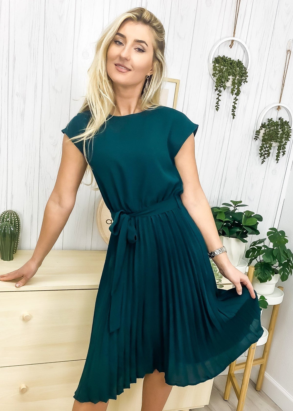 Tie-Waist Dress with Pleat Details