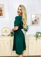 Puff-Sleeve Dress with Pleat Details