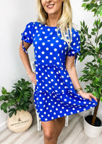 Polka-Dot Puff-Sleeve Tiered Dress