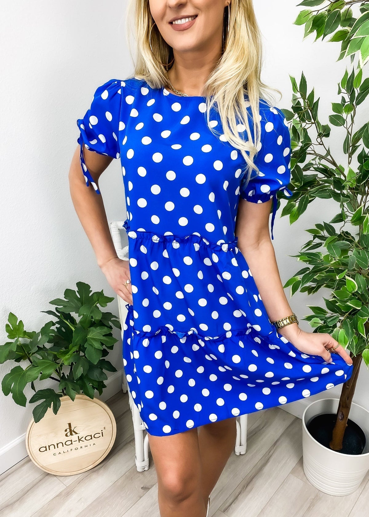 Polka-Dot Puff-Sleeve Tiered Dress