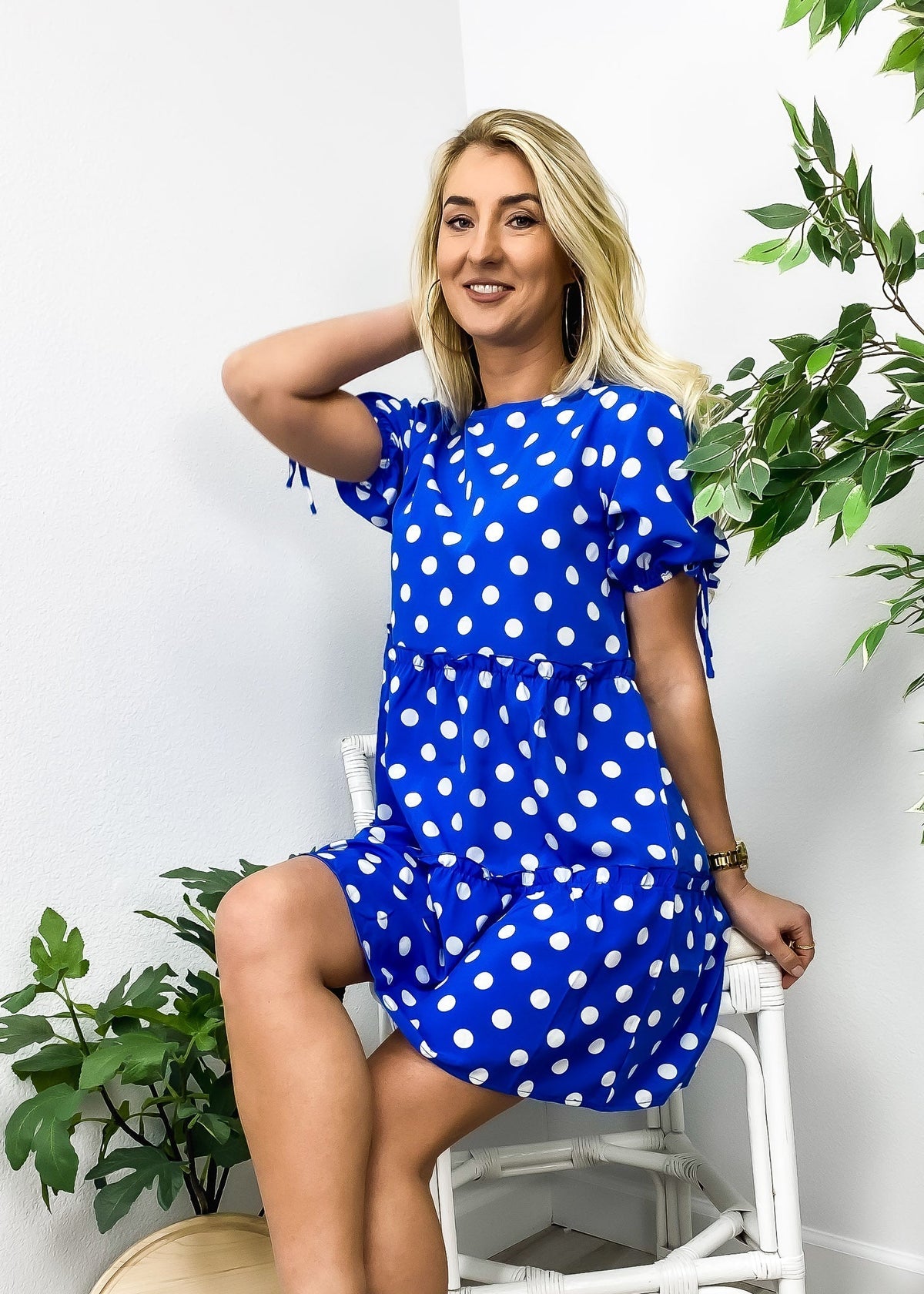 Polka-Dot Puff-Sleeve Tiered Dress