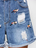 Denim Distressed Shorts with Embroidery