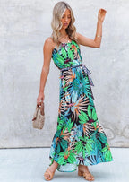 Tropical-Print Contrast-Detail Dress with a Round Neck