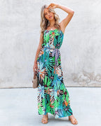 Tropical-Print Contrast-Detail Dress with a Round Neck