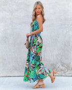 Tropical-Print Contrast-Detail Dress with a Round Neck