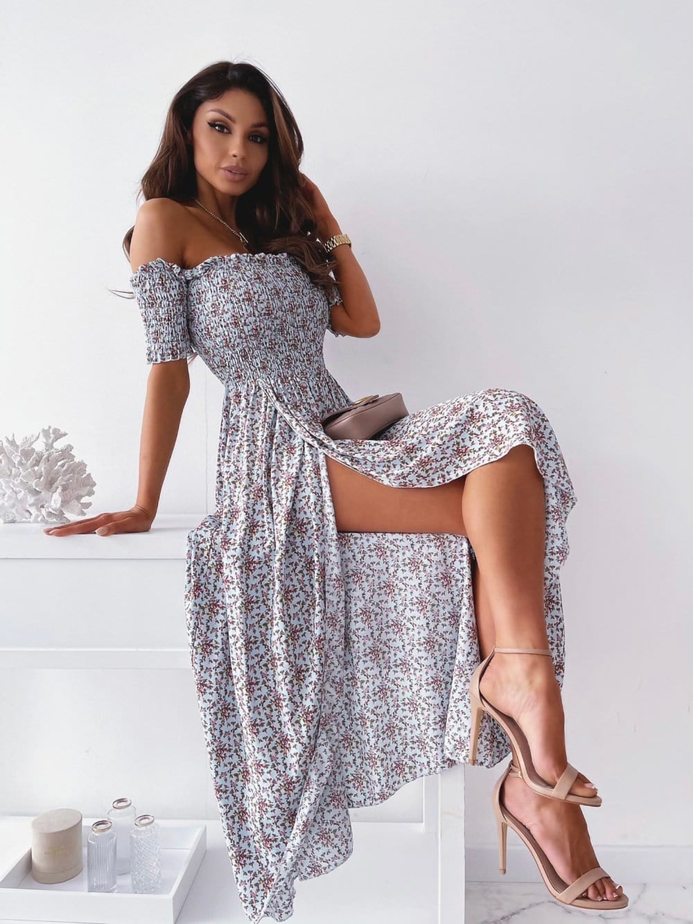 Smocked Wrap-Style Dress with an Off-Shoulder Neck