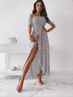 Smocked Wrap-Style Dress with an Off-Shoulder Neck