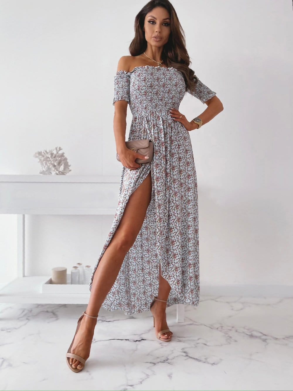 Smocked Wrap-Style Dress with an Off-Shoulder Neck