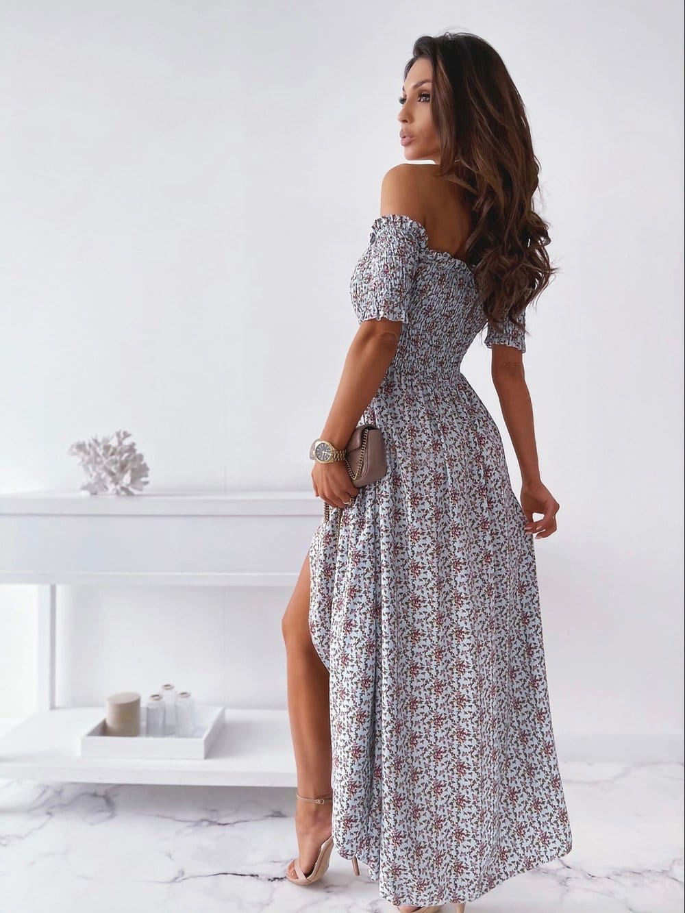 Smocked Wrap-Style Dress with an Off-Shoulder Neck