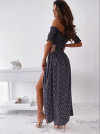Smocked Wrap-Style Dress with an Off-Shoulder Neck