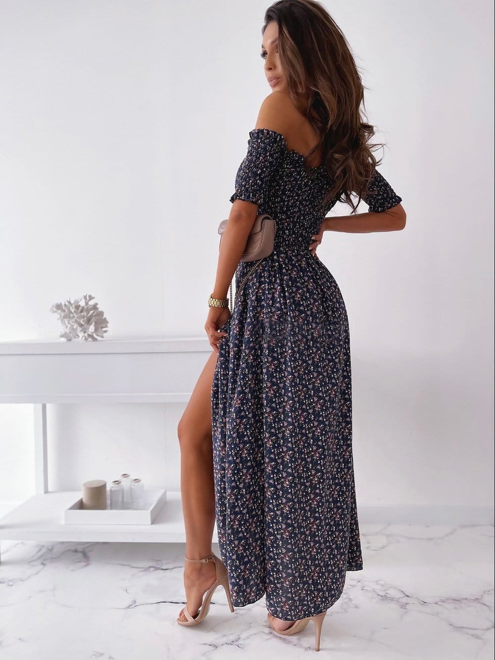 Smocked Wrap-Style Dress with an Off-Shoulder Neck