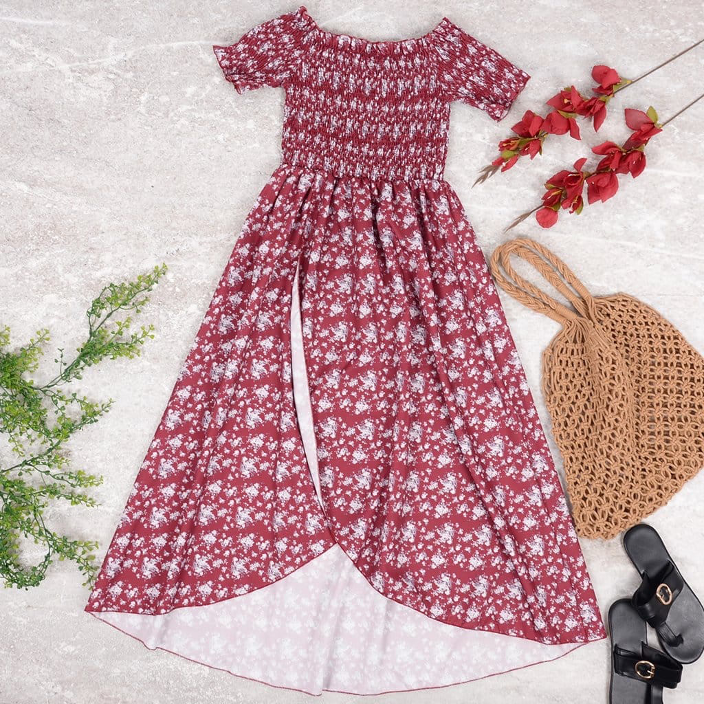 Smocked Wrap-Style Dress with an Off-Shoulder Neck