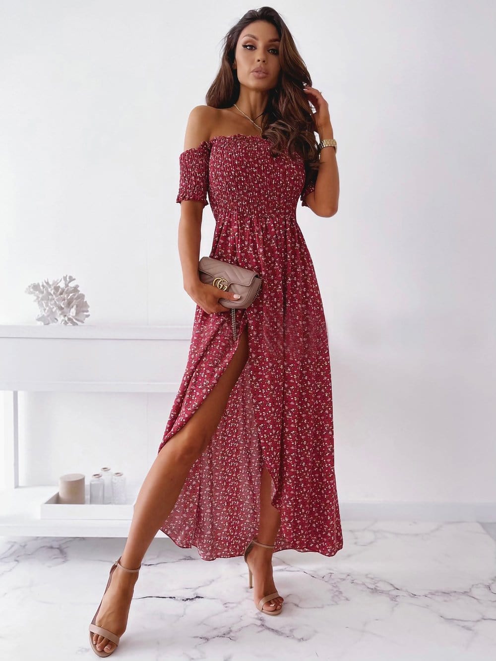 Smocked Wrap-Style Dress with an Off-Shoulder Neck