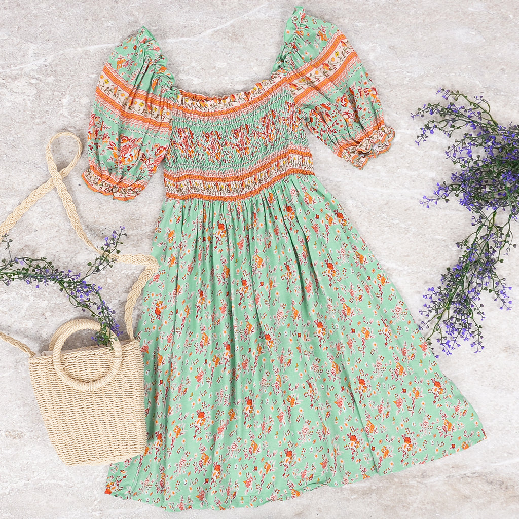 Floral Boho Dress with Ruched Details