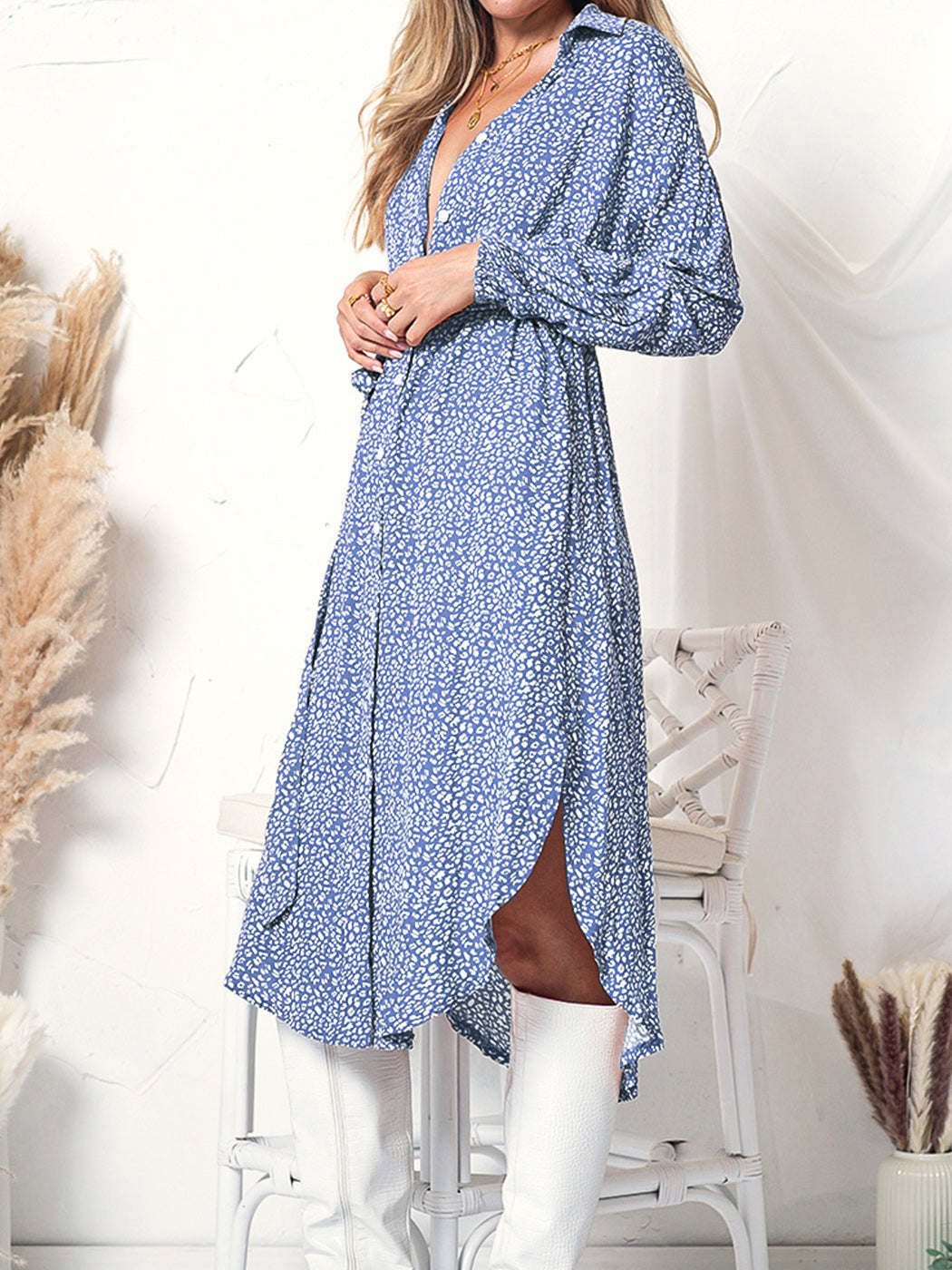 Floral Button-Front Long-Sleeve Dress