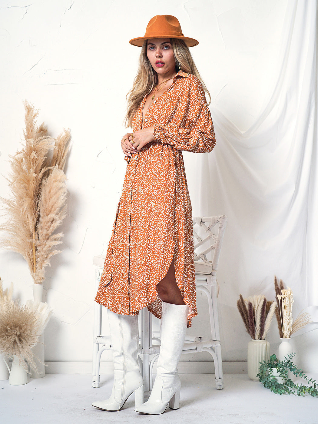 Floral Button-Front Long-Sleeve Dress