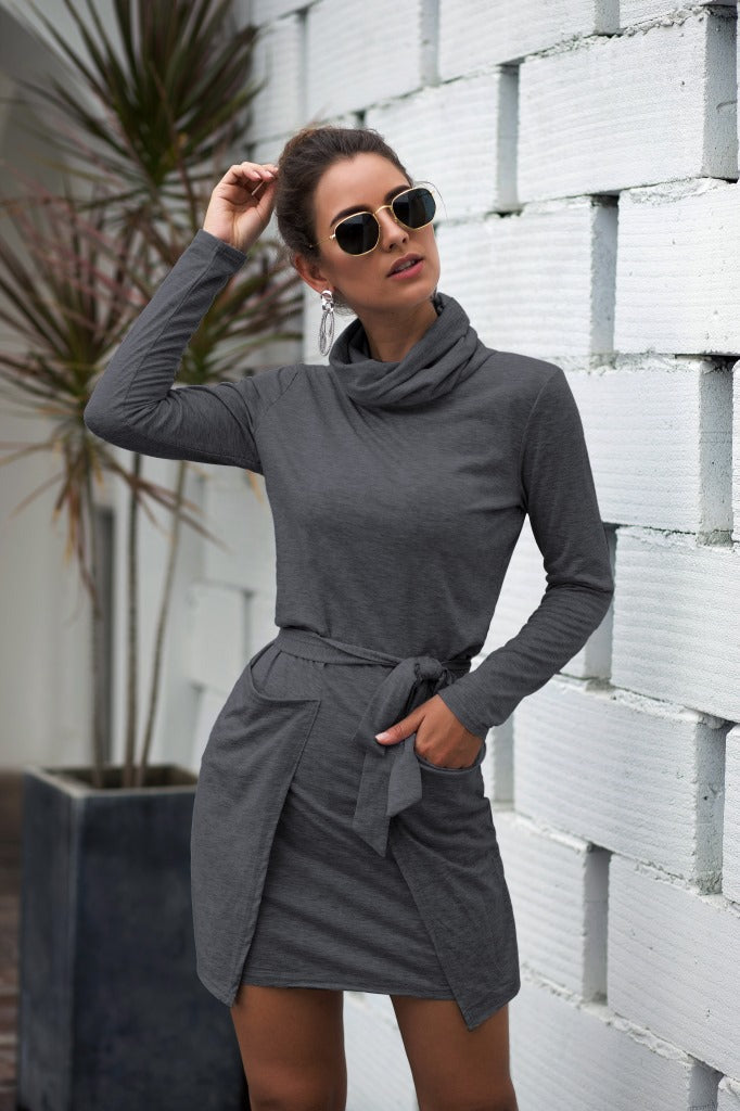 Cowl-Neck Long-Sleeve Dress with a Waist Tie