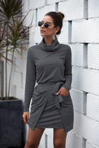 Cowl-Neck Long-Sleeve Dress with a Waist Tie