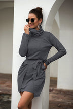 Cowl-Neck Long-Sleeve Dress with a Waist Tie