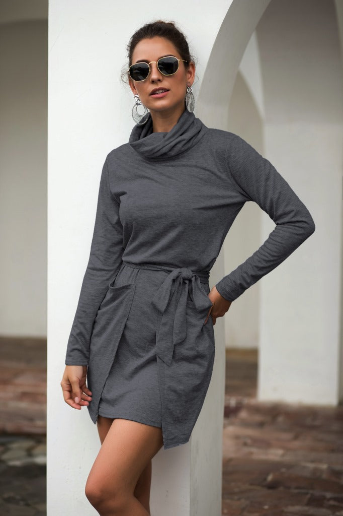 Cowl-Neck Long-Sleeve Dress with a Waist Tie
