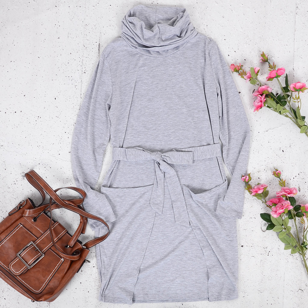 Cowl-Neck Long-Sleeve Dress with a Waist Tie