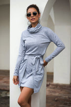 Cowl-Neck Long-Sleeve Dress with a Waist Tie