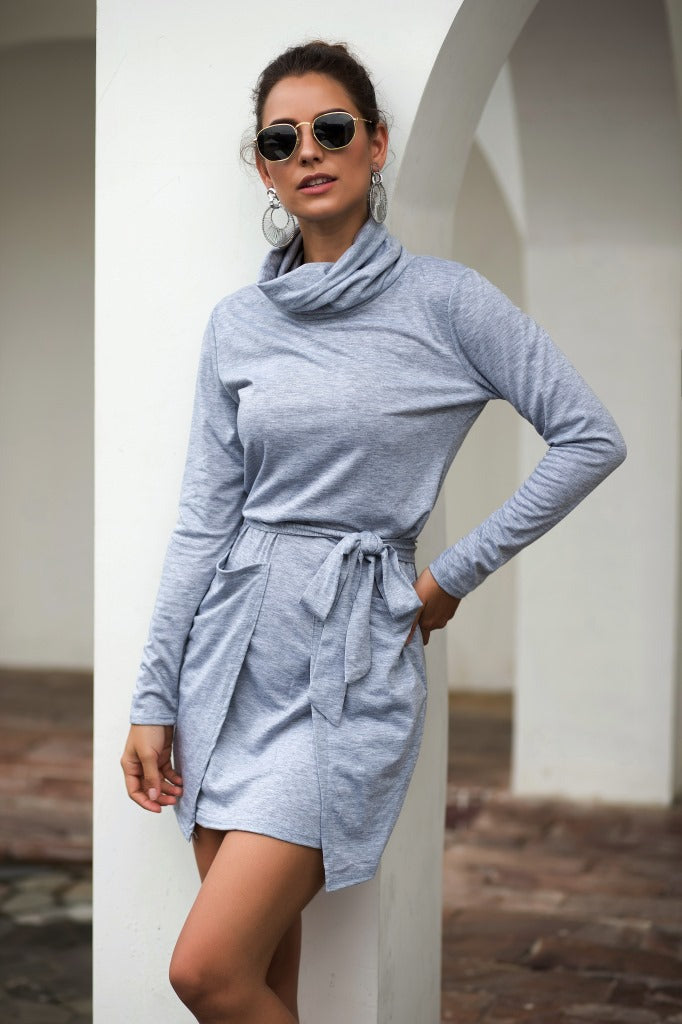 Cowl-Neck Long-Sleeve Dress with a Waist Tie
