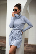 Cowl-Neck Long-Sleeve Dress with a Waist Tie