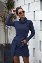 Cowl-Neck Long-Sleeve Dress with a Waist Tie