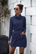 Cowl-Neck Long-Sleeve Dress with a Waist Tie