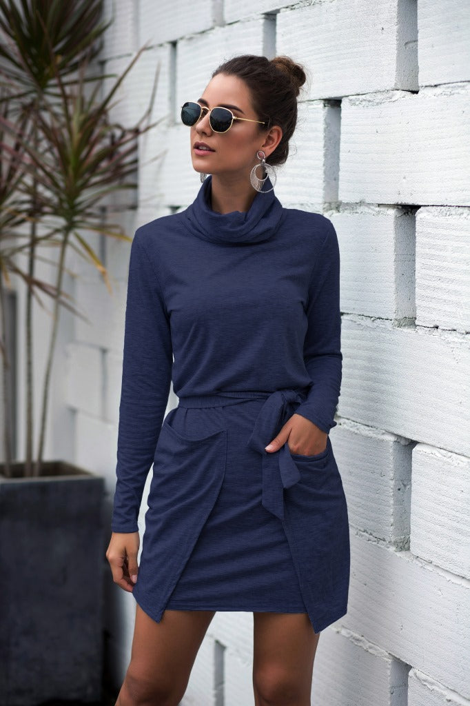 Cowl-Neck Long-Sleeve Dress with a Waist Tie