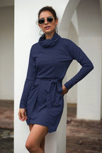 Cowl-Neck Long-Sleeve Dress with a Waist Tie