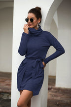 Cowl-Neck Long-Sleeve Dress with a Waist Tie